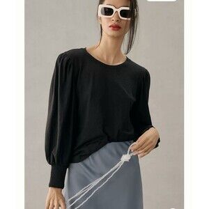 Nation Ltd Tee Top Size Large Loren Boho Peasant Puff Balloon Sleeve Jet Black